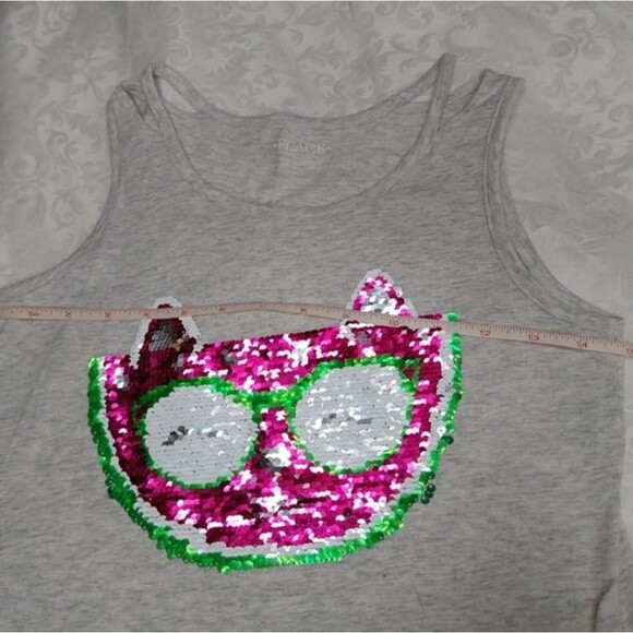Place Girls Flip Sequin Watermelon Cat Fox Tank Top Light Gray Pink Size 14 XL - Picture 7 of 9